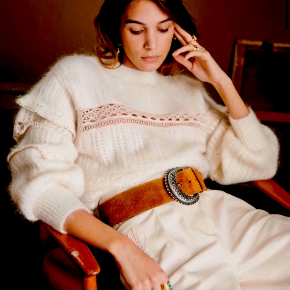 Sezane Victoire Puffed Sleeve Mohair Wool Cream Lace Cut Out Sweater